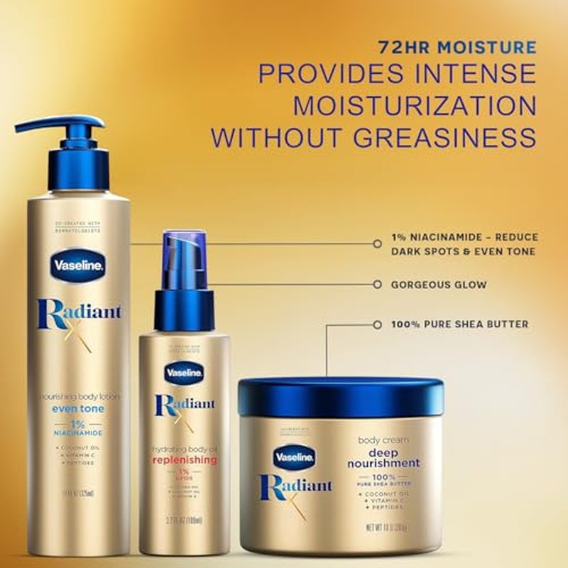 Vaseline Radiant X Skin Care Set ??Even Tone Nourishing Body Lotion with 1% Niacinamide, Deep Nourishment Body Cream with Vitamin C + Hydrating Body Oil with Vitamin E (3 Piece Set)