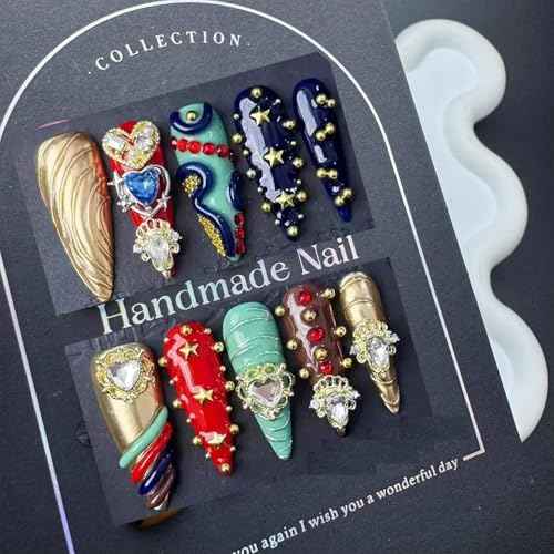 100% 5D Handmade Press on Nails with Heart Charms Long Stiletto Nails Press ons Gorgeous False Nails Rhinestones Press on Nails Handmade Nails for Women Girls Daily Wear DIY Manicure Size L