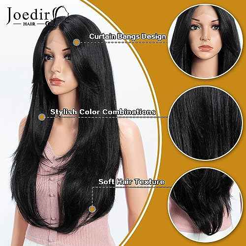 Synthetic Lace Front Wig for Women Long Layered Hair Wig with Curtain Bangs 24 inch Long Straight Black Hair Wig for Daily Party Cosplay (Color:1B)