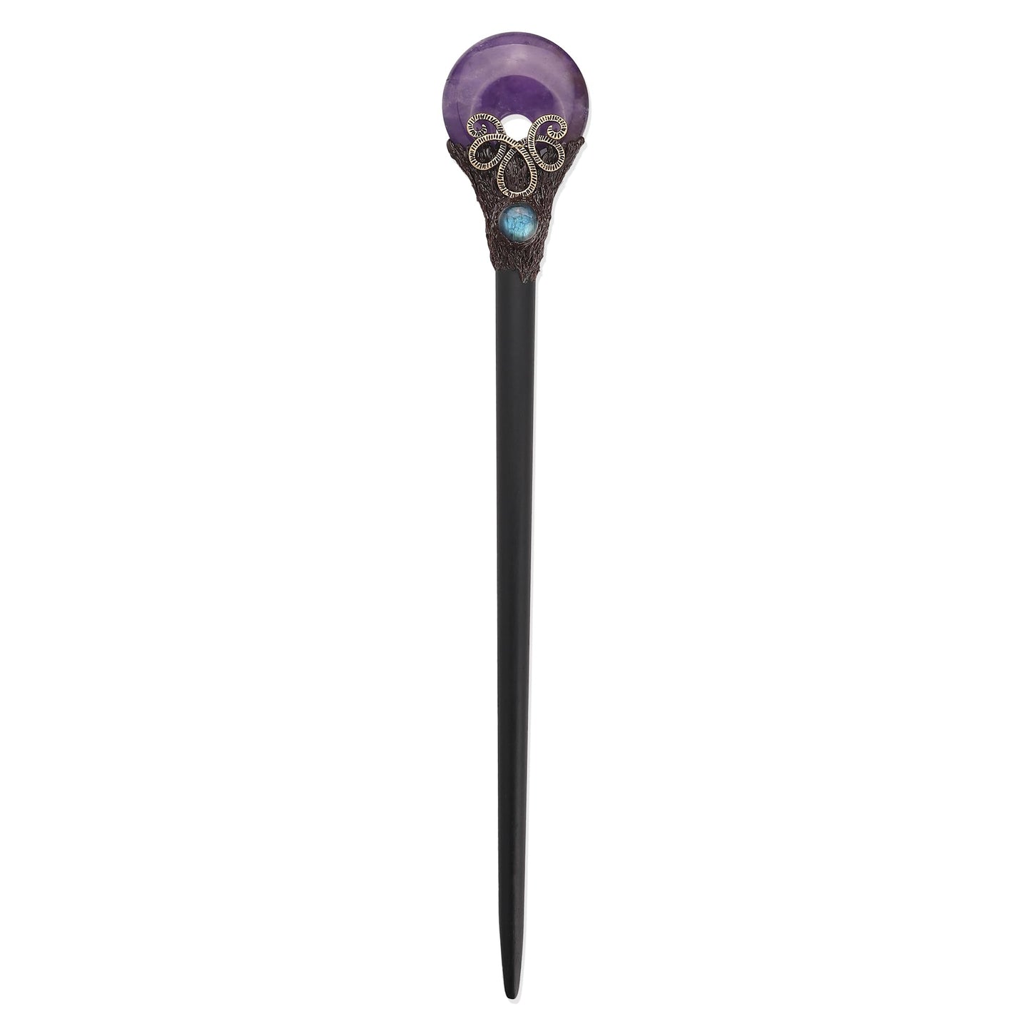 Ebony Wood Chopstick Hairpin Hair Fork Crystal Amethyst Labradorite Handcraft Gift for Her