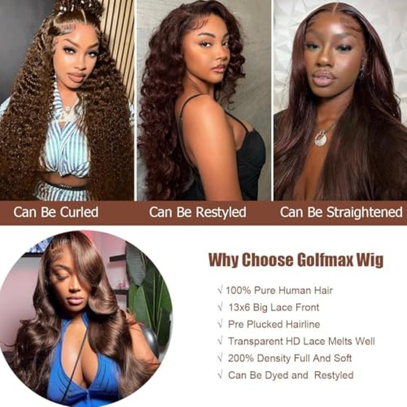 GOLFMAX 13x6 Lace Front Wigs Human Hair Pre Plucked Body Wave Chocolate Brown Lace Front Wig Human Hair 4# Brown Wig Body Wave Human Hair Wig 22 Inch
