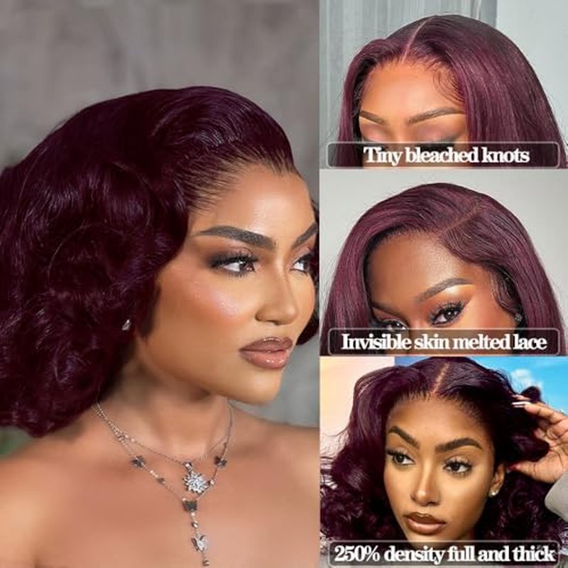 250% Full Density 99J Burgundy Lace Front Wigs Human Hair 13x4 Short Bob Wigs Human Hair Glueless Wear and Go Loose Deep Wave Wig Pre Plucked Pre Bleached Red Wig Human Hair (16inches)