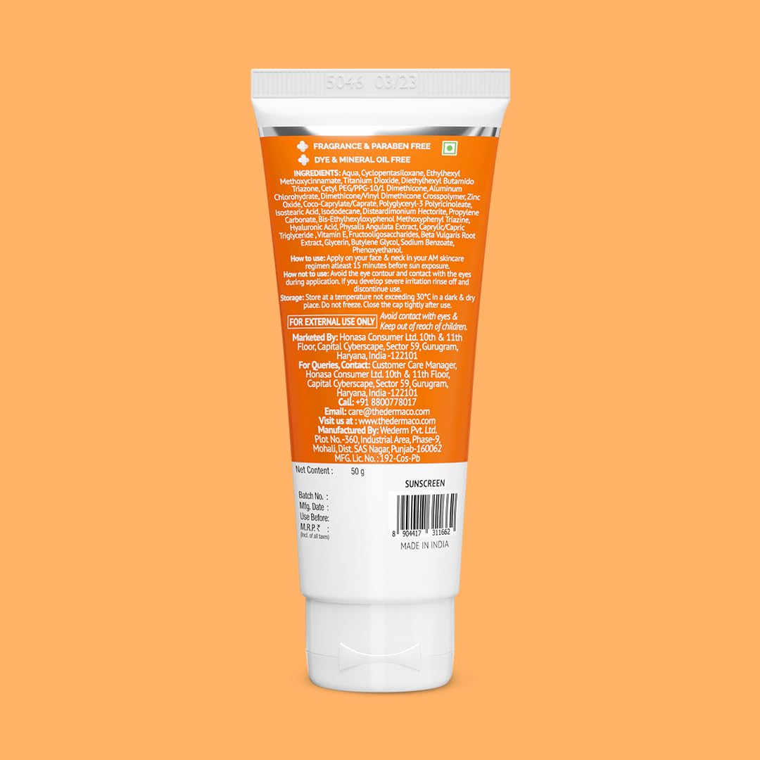 The Derma Co 1% Hyaluronic Long Lasting Sunscreen SPF 50 PA++++ With Hyaluronic Acid & Vitamin E For Broad Spectrum Protection Upto 6H Sun Protection Water & Sweat Resistant No Reapplication Needed