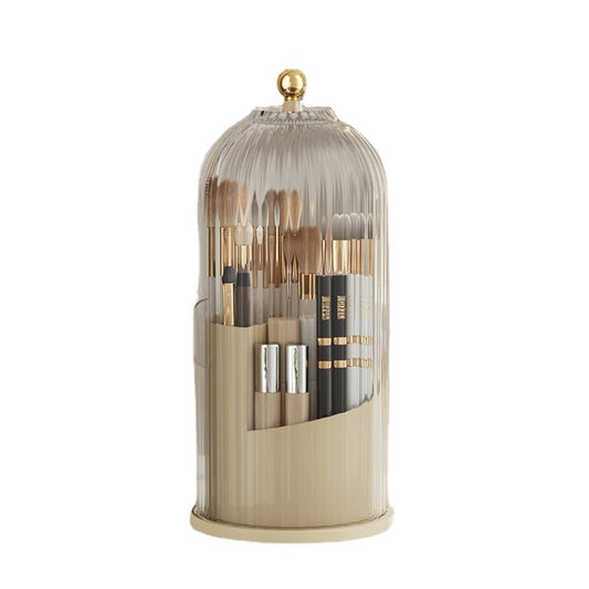 Rotating Makeup Brush Holder with Clear Lid – 360° Makeup Brush Organizer for All Brush Sizes, Durable Dustproof Storage Stand with Large Capacity, Easy to Clean, No Assembly (Milk yellow/transparent)