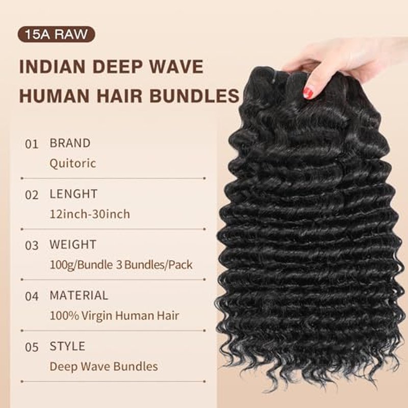 15A Raw Indian Deep Wave Human Hair Bundles 14 16 18 Inch Deep Culry Quick Weave Wet and Wavy Bundles Human Hair Double Drown Weft Hair Extensions Natural Black Color Remy Virgin Hair Bundles