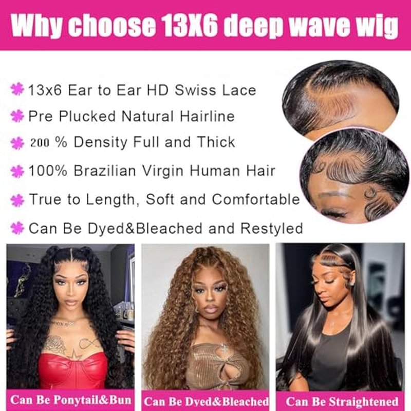 24 Inch Deep Wave Lace Front Wigs Human Hair 180% Density 13x6 HD Lace Frontal Wigs Human Hair Pre Plucked with Baby Hair Deep Curly Wigs for Black Women Natural Color