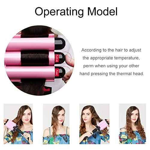 3-Barrel Curling Iron Ceramic Tourmaline Crimper with LCD Display & Dual Voltage Crimper Hair Tool for Women Beach Waves with Adjustable Temp (Pink)