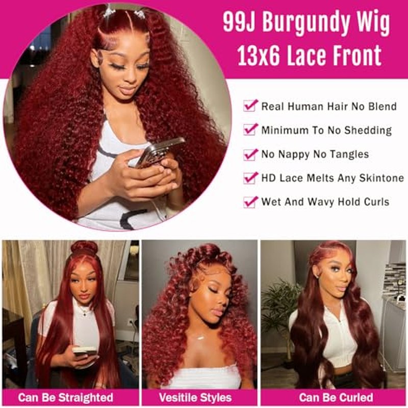 Red Burgundy Wig Human Hair 13x6 Deep Wave Lace Front Wigs Human Hair 99j Burgundy Lace Front Wigs Pre Plucked Red Colored Curly Human Hairs Wigs Triple Lifespan 20 Inch