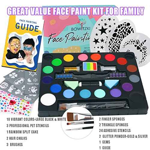 Bowitzki Face Paint kit-18 Colors, Split Cake Face Paint, Hair Chalks, Brushes, Sponges, Glitters, Gems, Reusable Stencils,Professional Non-Toxic Halloween Party Makeup Body & face Painting