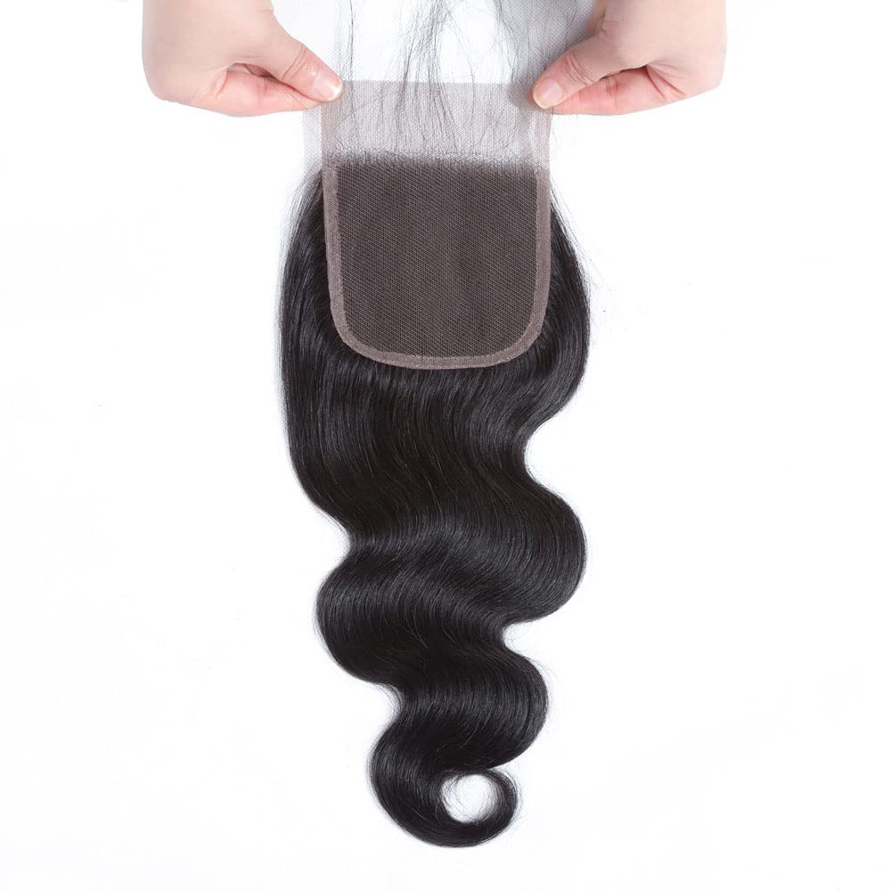 4x4 Lace Closure Body Wave Human Hair Transparent Lace Closure Human Hair 100% Unprocessed Brazilian Virgin 150% Density Body Wave Natural Black 20Inch
