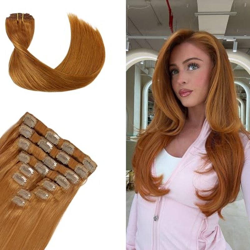 Remy Hair Extensions clip ins Hair Etensions for Women #30 Light GInger Brown Double Weft Natural Hair Extensions Straight 8Pcs Soft and Thick 24inch 110g