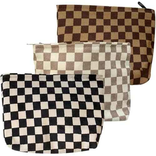 Travel Checkered Makeup Bag, Corduroy Cosmetic Bag for Purse, Small Cosmetic Zipper Pouch Cute Travel Checkered Makeup Bag Gift for Women,Girls (3 pack)