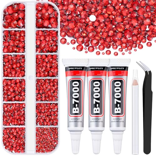 6000Pcs Resin Rhinestones for Bedazzling with 3Pcs B7000 Jewelry Glue, 1 Box Red Flatback Rhinestones for Crafting Crafts DIY, Crystals Gems for Clothing Shoes Tumblers Nail Art Makeup