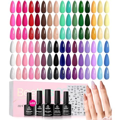 beetles Gel Polish Fall Gel Nail Polish Set Purple Orange Red Brown Black White Blue Nude Green 32 Colors All Seasons Kit with Base Glossy Matte Glitter Top Coat Gifts for Women Fingertips Canvas