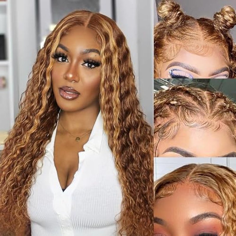 Honey Blonde Ombre Lace Front Wigs Human Hair Pre Plucked 13x6 HD Transparent 4/27 Highlight Deep Wave Wig 200% Density 26 Inch Omer Deep Wave Lace Front Wig with Baby Hair