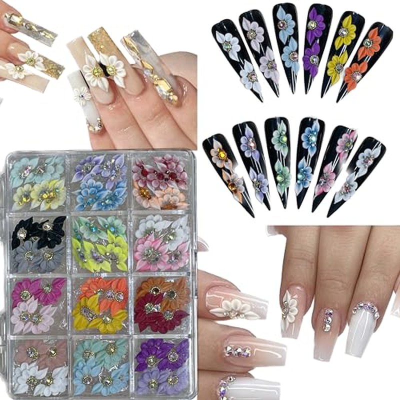 Set 96Pcs Handmade 3D Acrylic Flowers For Nails Art Decor Set, White 3D Flowers For Nails Acrylic Flower Nail Art Diverse Collection in One Box for Nail Designs For Women (Poinettia 96PCs)