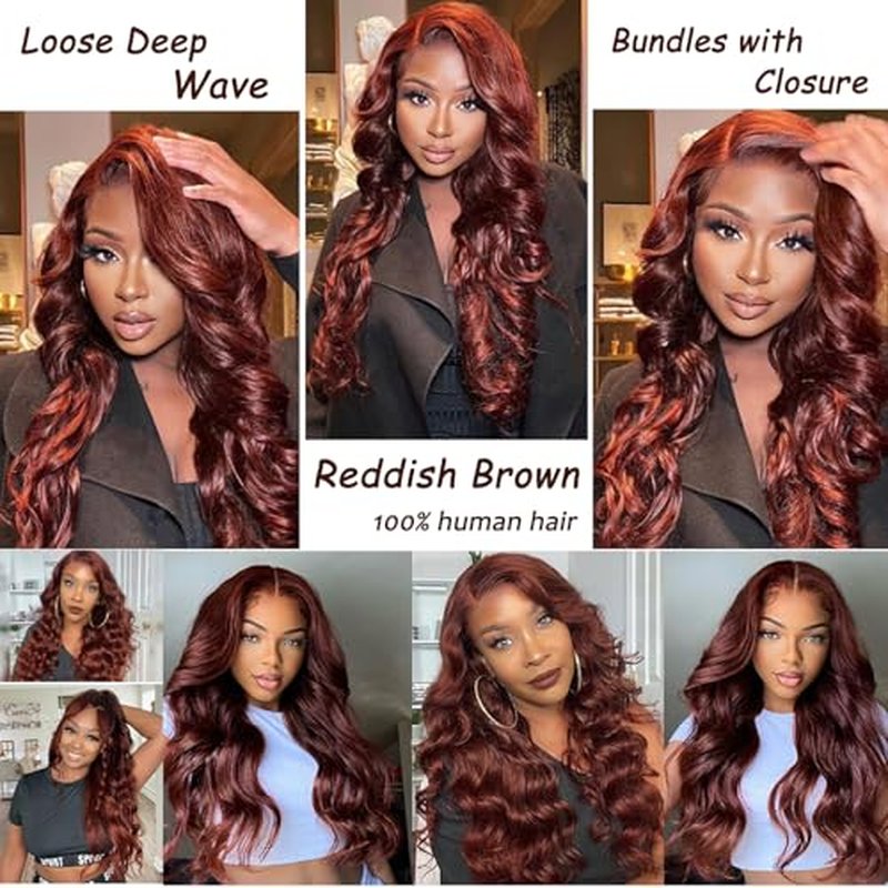Loose Deep Wave Bundles Human Hair with Closure, 12a Reddish Brown Bundles with 4x4 Lace Closure 33# Copper Red Bundles Human Hair (Loose Deep Wave 14 16 18+14free)