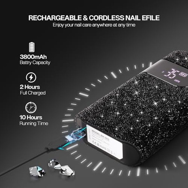 Lavinda Professional Electric Nail Drill Kit, 35000RPM Cordless Portable Machine for Acrylic Gel Nails, Rechargeable E File With Black Rhinestones, Manicure Tools (Black)