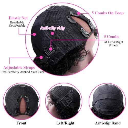 Pixie Cut Wigs Curly V Part Wig Human Hair No Leave Out Brazilian Human Hair Half Wig for Black Women Upgrade U Part Wigs Glueless 180% Density Natural Black 8 Inch