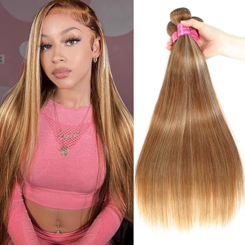 Beautymoon Ombre Raw Straight Bundles 18 20 22 Inch Brazilian Straight Hair Bundles 100% Unprocessed Virgin 4/27 Highlight Honey Blonde Weave Bundle Human Hair