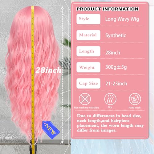 Cosplay Long Pink Wig 28 Inch Middle Part Synthetic Wig Realistic Gifts Party Wigs for Women Daily Use Colorful Wigs (Pink)