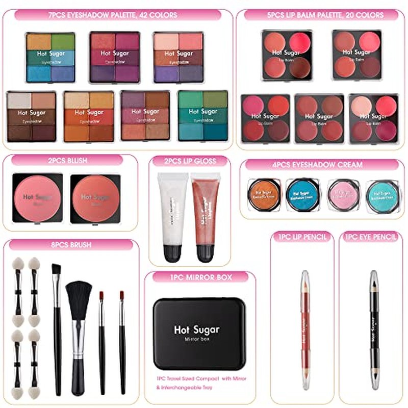 Hot Sugar Makeup Kit for Teenager Girls - Full Starter Cosmetics Set with Eye Shadow Lip Balm Blush Lip Gloss Brush Lip Pencil Eye Pencil and Mirror (Pink Love)
