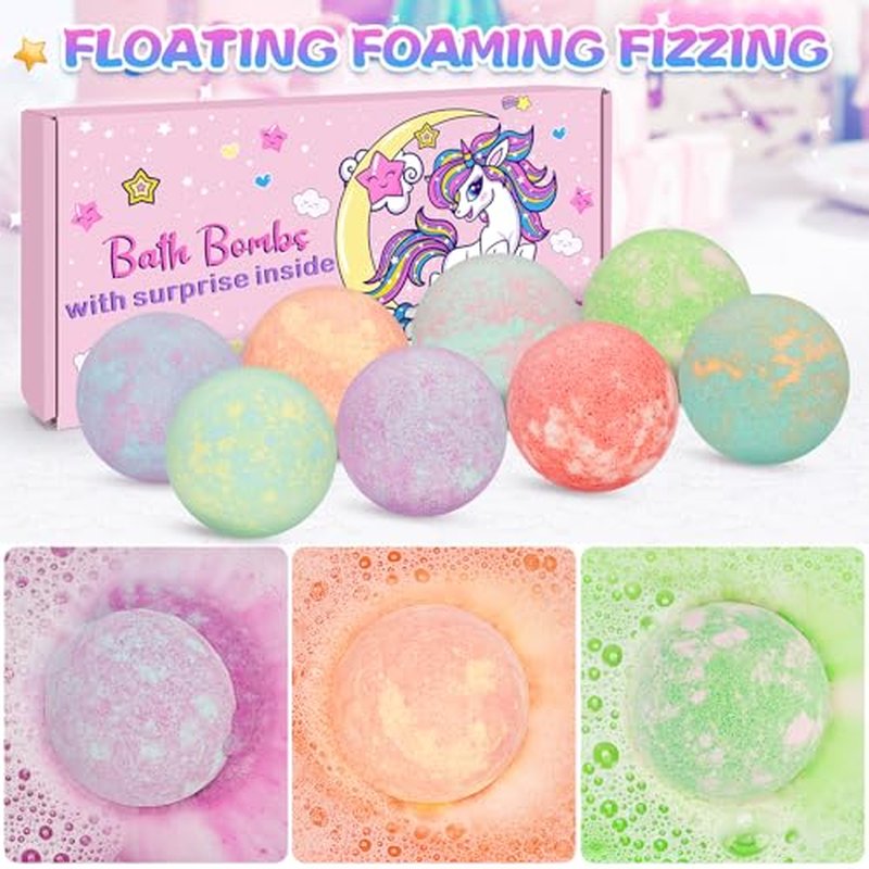 8 Pack Bubble Bath Bombs for Kids with Bracelets Toys Inside, Organic Natural Kids Bath Bombs, Christmas Birthday Gift for 3 4 5 6 7 8 Year Old Girl, Princess Bath Bomb Kit with Mermaid Unicorn Toys
