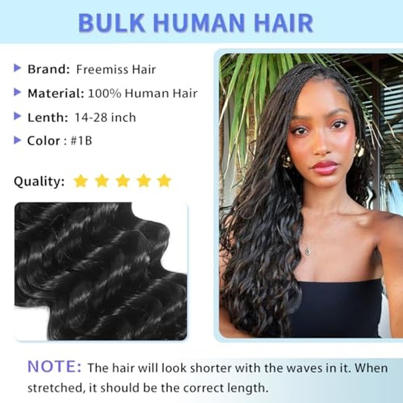 Human Braiding Hair for Boho Braids 100g 20 Inch Deep Wave Bulk Human Hair 100% Unprocessed 12A Brazilian Virgin Boho Hair for Braiding Knotless 2 Bundles/Pack Natural Color