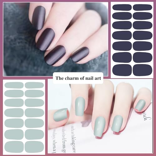 DANNEASY 12 Sheets Nail Stickers Full Nail Wraps Solid Color Nail Polish Stickers Fingernails Wraps for Women Self Adhesive Nail Polish Strips with Nail File, Cuticle Stick - Gray