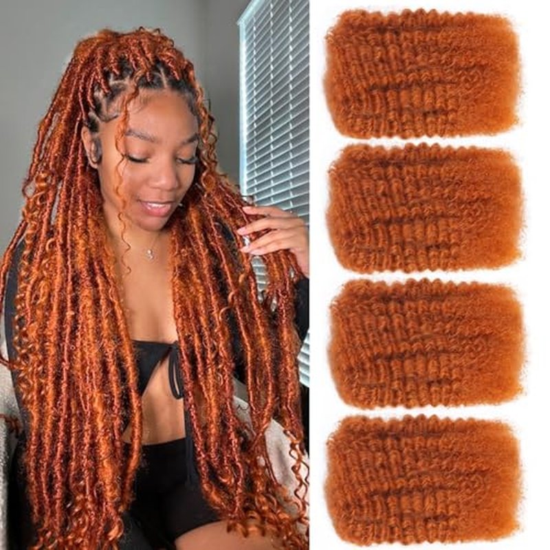 Afro Kinkys Bulk Human Hair for Dreadlocks Kinky Curly Hair for Loc Extensions 100% Real Human Hair Afro Kinky-Curly Human Braiding Bulk for Twist & Repair Locs 4 Packs 200 Gram 16 Inch Ginger