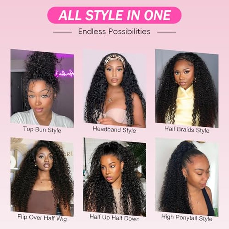 BGM GIRL Half Wig Human Hair Water Wave 3 in 1 Wigs Beginner Friendly Flip Over Drawstring Glueless Wig Ready to Go Seamless Clip in Wigs Natural Black Color 16 Inch