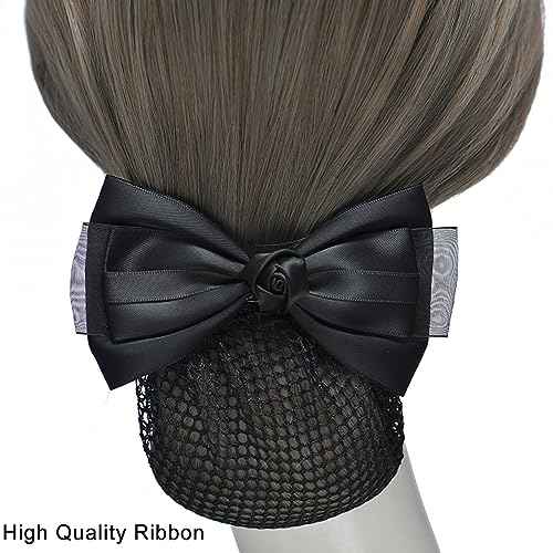 2pcs Hair Snood Net Barrettes with Bowknot Hair Clips with Thin Mesh Bun Cover for Women Ladies (Pink+Black)
