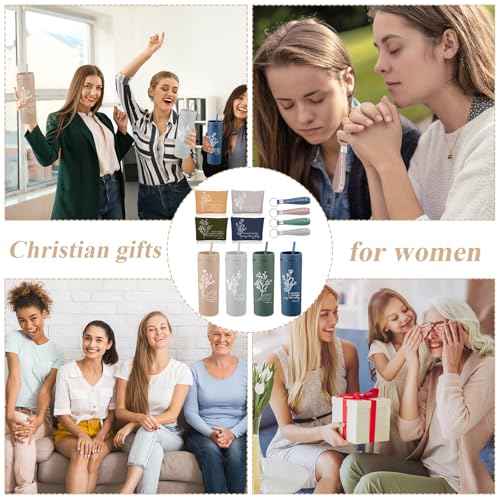 Fumete 4 Set Christian Gifts for Women Men 16oz Skinny Cup Religious Makeup Cosmetic Bag Bible Verse Keychain Regalos Cristianos En Espa?ol for Church Pastor Wife Grandparents(Classic Color)