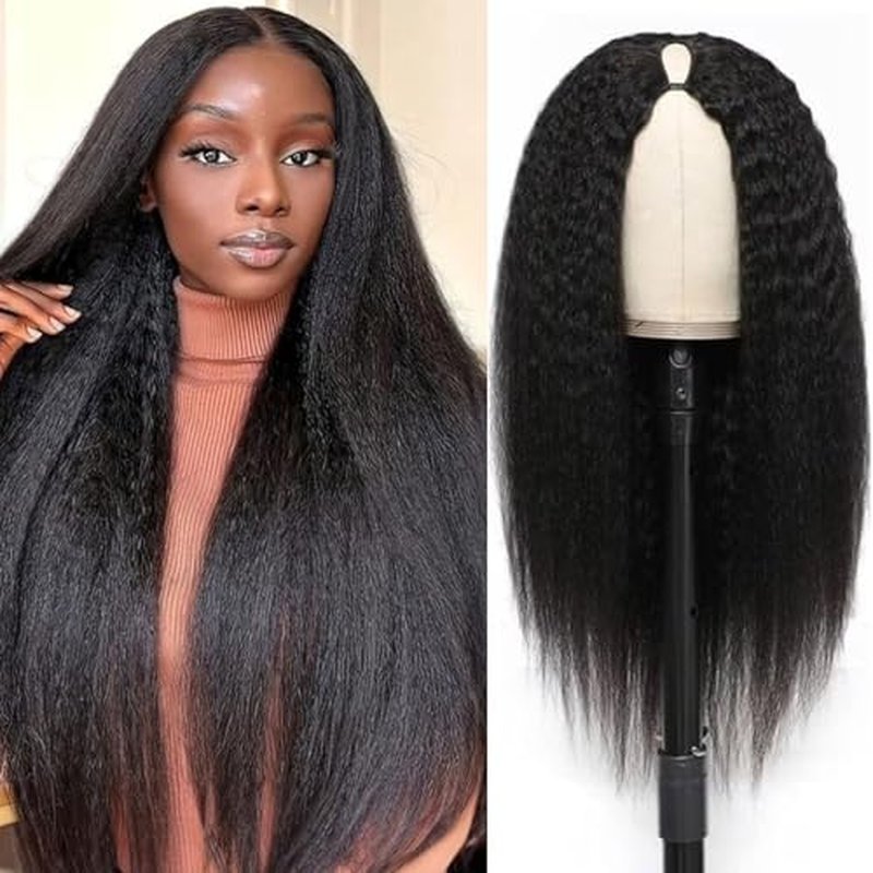 V Part Human Hair Wig Kinky Straight V Part Wig Human Hair for Black Women 18 Inch Glueless Wigs Clip Upgrade Natural Beginner Friendly Middle Part 200% Density