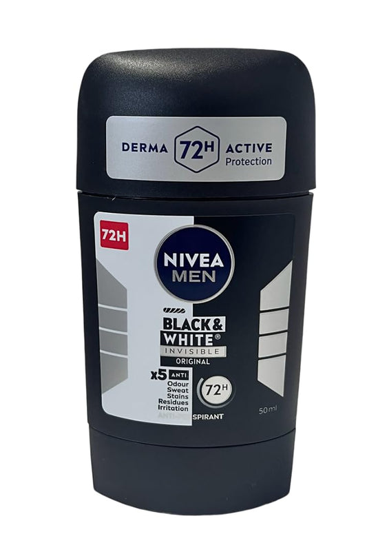 5x Nivea Invisible Black & White Anti-perspirant Deodorant Solid Stick for Men 5x50ml (Pack of 5)