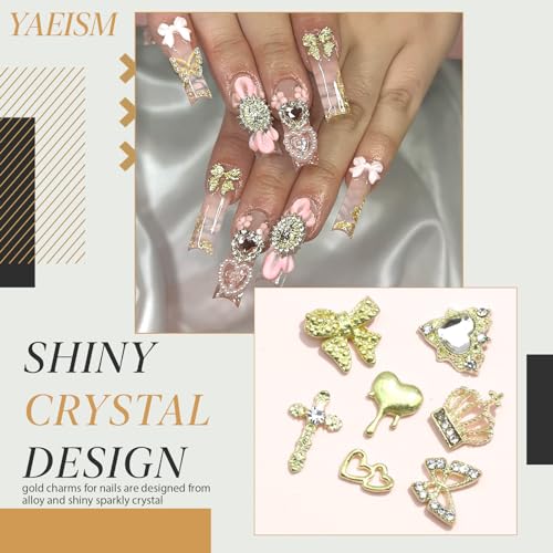 80PCS Gold Nail Charms Crystal Gold Heart Nail Charm Shiny Crown Nail Charms Sparkly Butterfly Charms Alloy Gold Nail Crosses for Nail Art and DIY Crafts Decoration