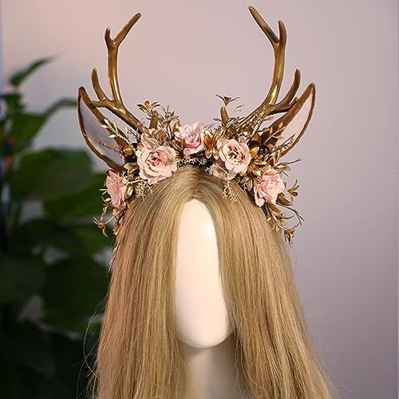 MOSTORY Handmade Gold Flower Antler Headband - Woodland Floral Reindeer Headpiece with Deer Ears Forest Fairy Hairband for Women Girls Renaissance Halloween Cosplay Party Prom Photo Props Pink Rose