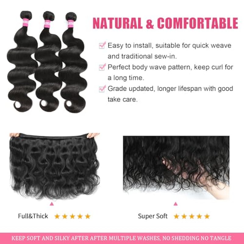 Body Wave Human Hair Bundles 20 20 20 Inch Body Wave Bundles Human Hair 100% Unprocessed 12A Brazilian Raw Virgin Hair Weft 3 Bundle Deal Real Human Hair Extensions Natural Color