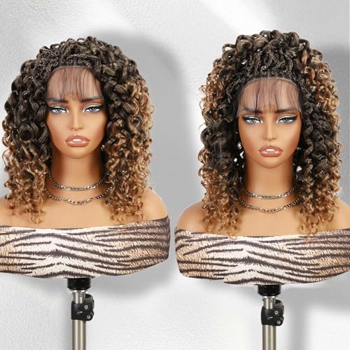 Fancy Hair Braided Wig for Black Women Gogo Curly Braid Wig Double Full Lace Curly Wavy Bob Wig with Baby Hair Pre Plucked Knotless Squrare Part Curly Wig (Ombre Blonde)