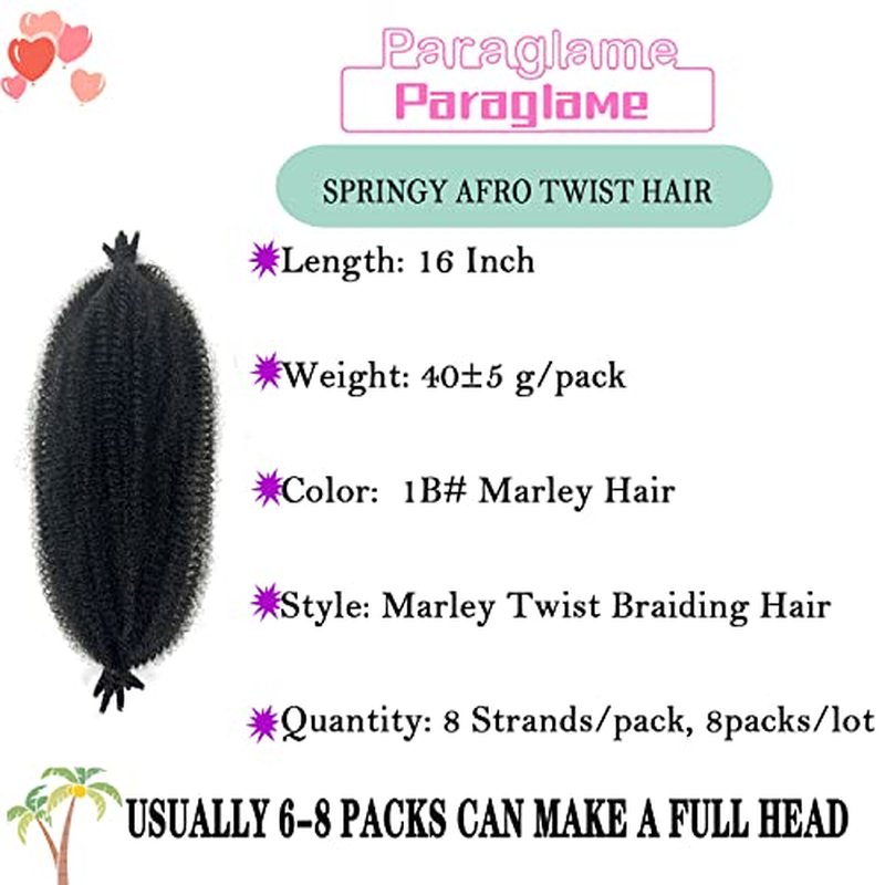16 Inch Marley Twist Braiding Hair 8 packs Pre-Separated Springy Afro Twist Hair Extension Kinky Afro Twist Crochet Hair Braids Natural Black Spring Twist for Women (16 Inch, 1B)