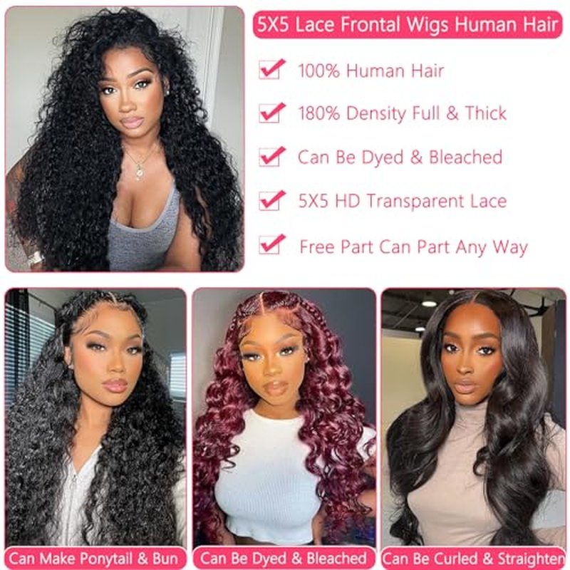 26 Inch Water Wave Lace Front Wigs Human Hair Wigs for Black Women 180% Density 5x5 HD Lace Front Glueless Wigs Human Hair Pre Plucked with Baby Hair Deep Curly Lace Frontal Human Hair Wig