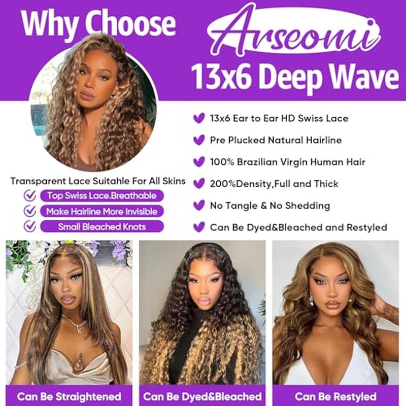 13x6 Highlight Ombre Lace Front Wigs Human Hair P4/27 Honey Blonde Lace Frontal Wigs Human Hair 200 Density Colored deep Curly Glueless Lace Front Wigs Pre Plucked with Baby Hair for Women (24 Inch)