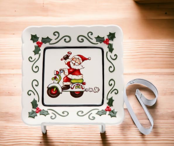 Cosmos Gifts 10659 Santa Riding Scooter Plate with Candy Cane Cookie Cutter, 5-1/2-Inch