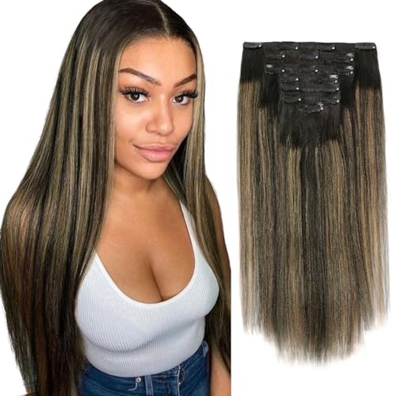Sassina Yaki Clip in Hair Extensions Human Hair for Black Women Invisible Clip in Human Hair Extensions Natural Black to Strawberry Blonde Real Remy Human Hair 7Pcs 20Inch 120 Grams