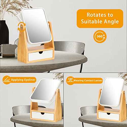 YEAKE Vanity Double Sided Magnifying Makeup Mirror with Storage, Adjustable Natural Bamboo Stand, Portable Desk/Table Mirror, Rectangular