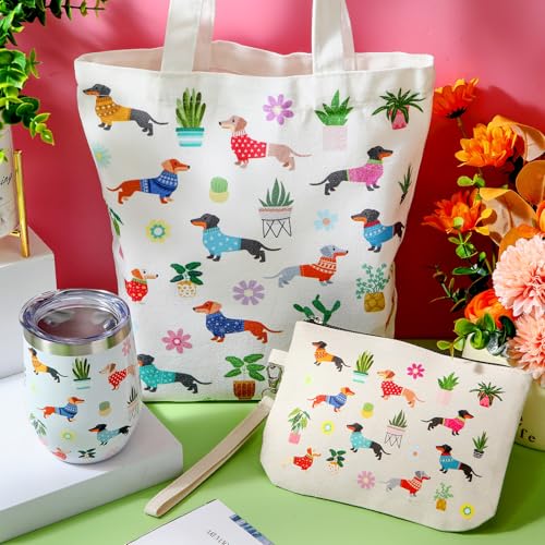 3 Pcs Christmas Dachshund Gifts for Women 12 oz Dachshunds Coffee Mug, Weiner Dog Tote Bag and Reusable Aesthetic Makeup Bag Gift for Dog Lover Party Favor Birthday Thanksgiving
