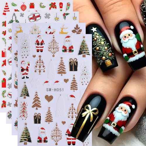 Christmas Nail Art Stickers Decals 16PCS 3D Self-Adhesive New Year Sticker for Nail Art Santa Claus Tree Elk Snowman Gonks Red Designs DIY Xmas Winter Decor Nail Art Supplies for Women Girls