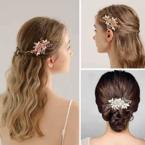 Wedding Hair Clips Set of 3 PCS - Floral Rhinestone Pearl Hair Accessories for Bridal Women (Rose Gold)
