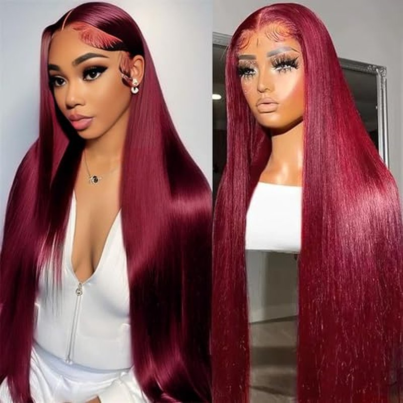 28 Inch 99J Burgundy Lace Front Wigs Human Hair 13x6 HD Transparent Straight Lace Front Wig Human Hairs Pre Plucked Burgundy Wig Red Wine Glueless Frontal Wigs Human Hair Wigs for Women