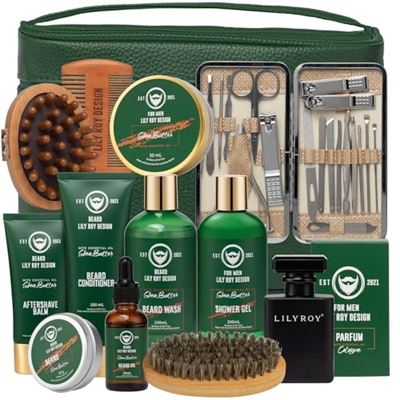 Father's Day Spa Gift for Men - Luxury 32Piece Shea Butter Bath & Beard Gift Set for Men Bath & Body Care Kit for Him with Beard Wax | Christmas, Valentine's Day, Birthday, Relaxation Gift Set for Dad